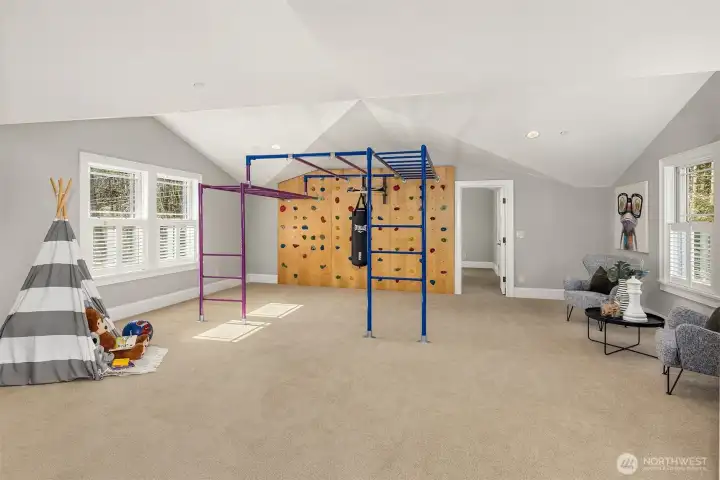 Large bonus room accessed from separate back stairwell (owner added door to primary bedroom that could be closed off). Great for multi-generation living, nanny quarters, guest wing or kids play.  Commercial quality steel climbing structure can be easily removed, if desired.