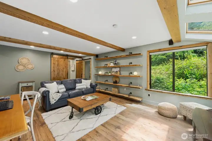 Live Edge shelving complete this flex room.