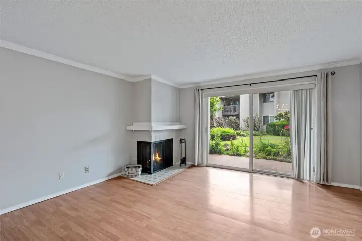 Wood fireplace in living area.