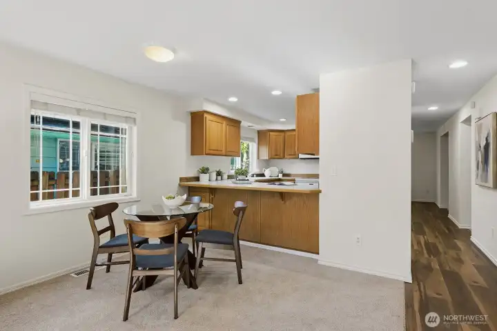 Looking into the kitchen with option for stools at the breakfast bar!