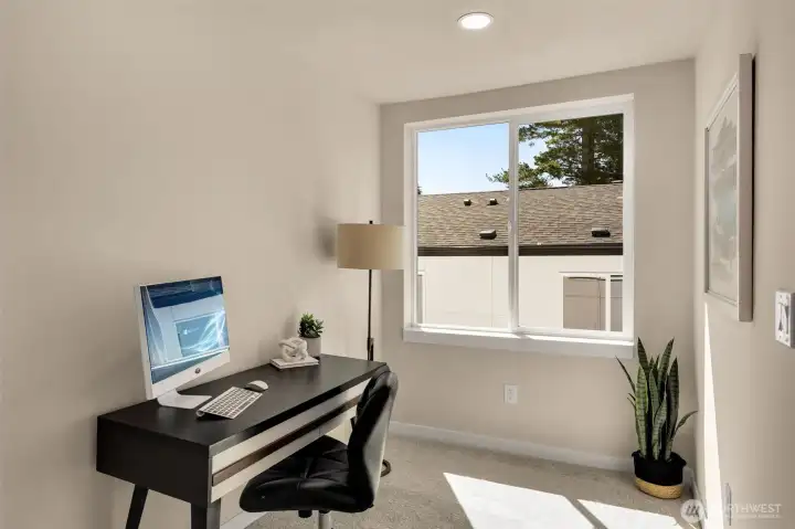 Dedicated built-in office nook, providing a quiet and functional work-from-home environment (these are of model home, similar finishes and layout) Dedicated built-in office nook, providing a quiet and functional work-from-home environment (these are of model home, similar finishes and layout)