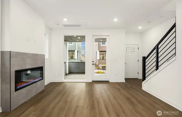 Fireplace, patio, and stairs from cafe