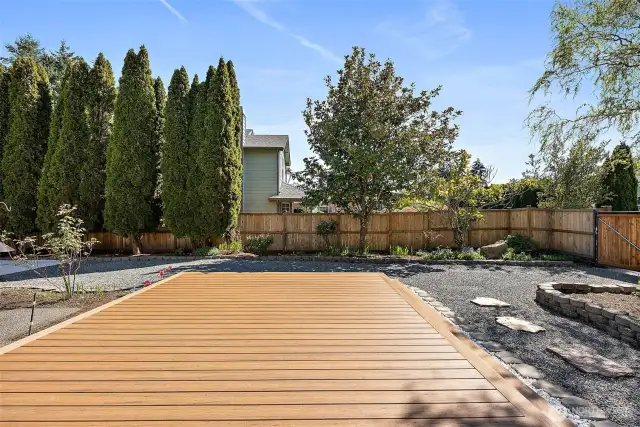 The all weather deck is 30' x 13'.  The yard is fully fenced with total privacy. The house has an automatic awning with a wind sensor.