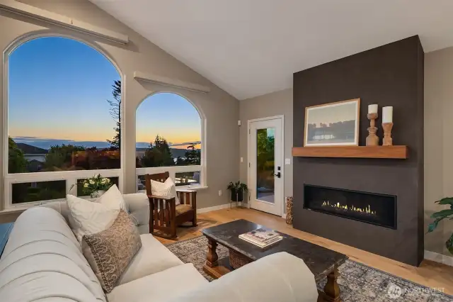 Views with warmth of a gas fireplace during winter months