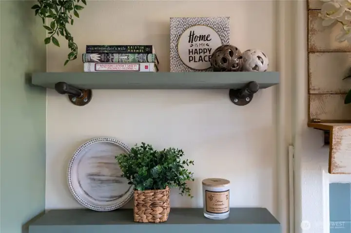 Floating shelves provide convenient storage options while adding a touch of modern style and visual interest to the space.