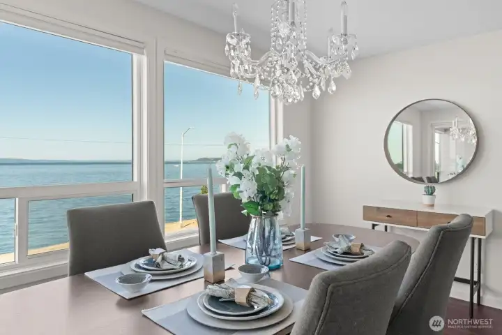 Elegant yet functional, the all-occasion dining is adjacent to kitchen and surrounded by water, views feels intimate.