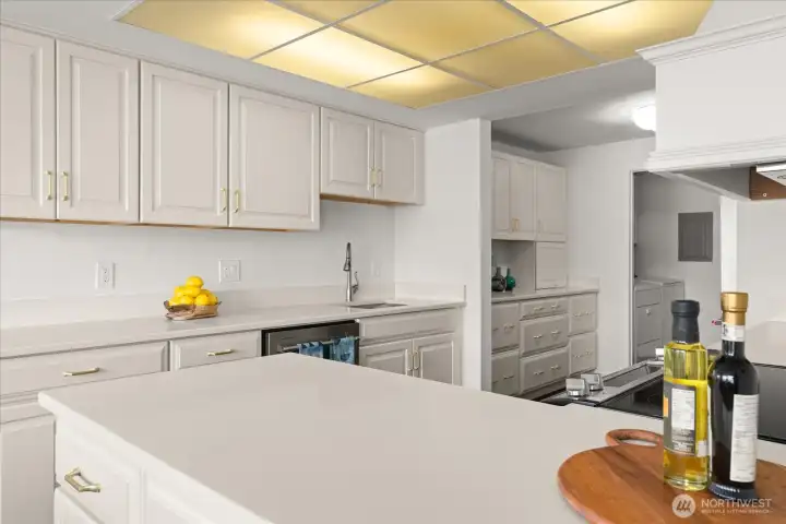 Perfect for serving buffet style, with large kitchen peninsula adjacent to dining room