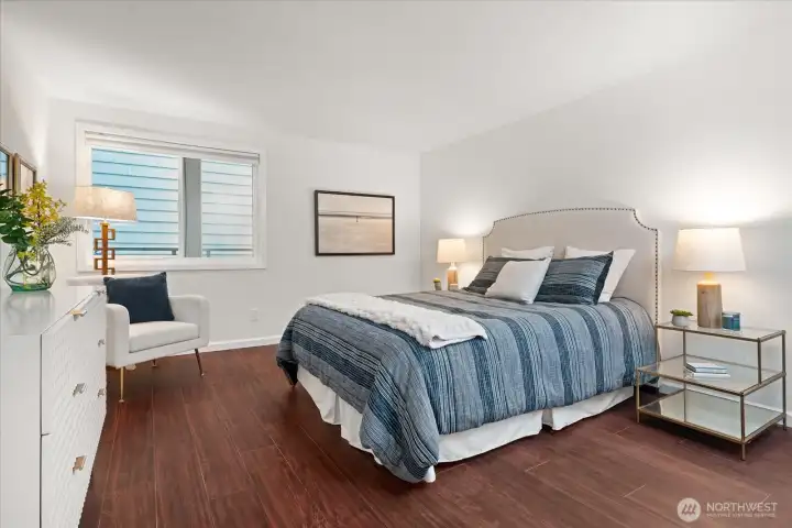 Sizable primary suite can easily accommodate a king-sized bed and dresser, and offers a walk in closet and 3/4 bath