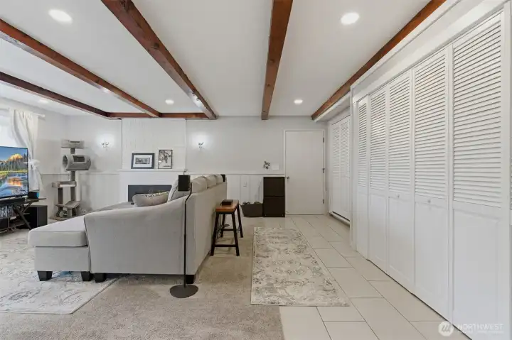 Storage closet off large living area in lower level
