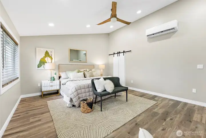 Ceiling fan and HVAC mini-split for customized heating and cooling the primary suite separately from the other spaces