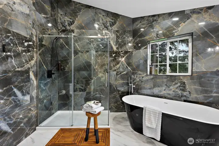 Separate shower and deep soaking tub offer something for everyone