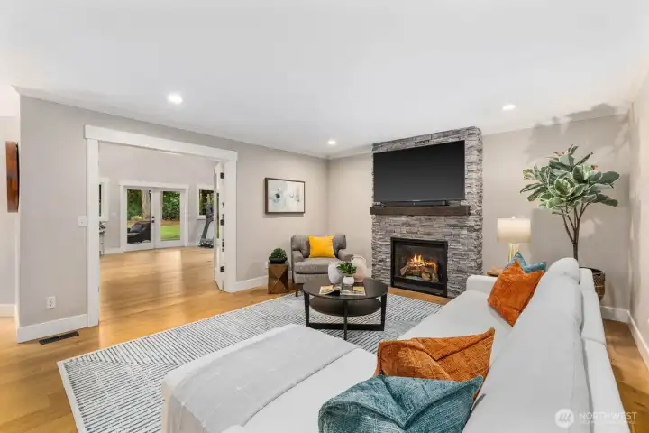 Family room overlooking an expansive flex space.