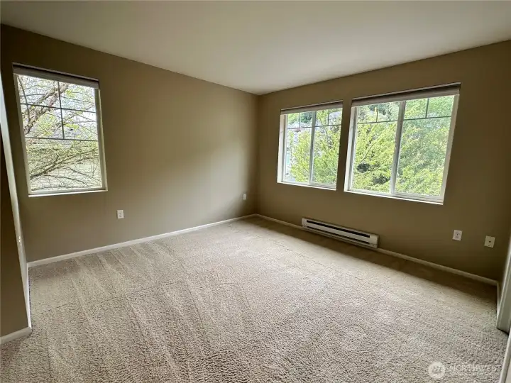 Check out the spacious bedroom with lots of windows where most of your view is the trees!