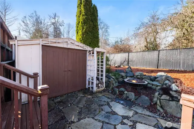 Garden shed in backyard offers great storage.