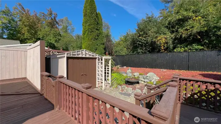 Garden shed in backyard offers great storage.