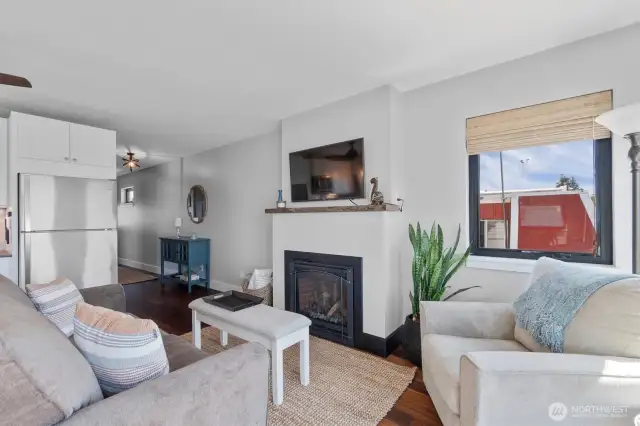 A gas fireplace completes the great room.
