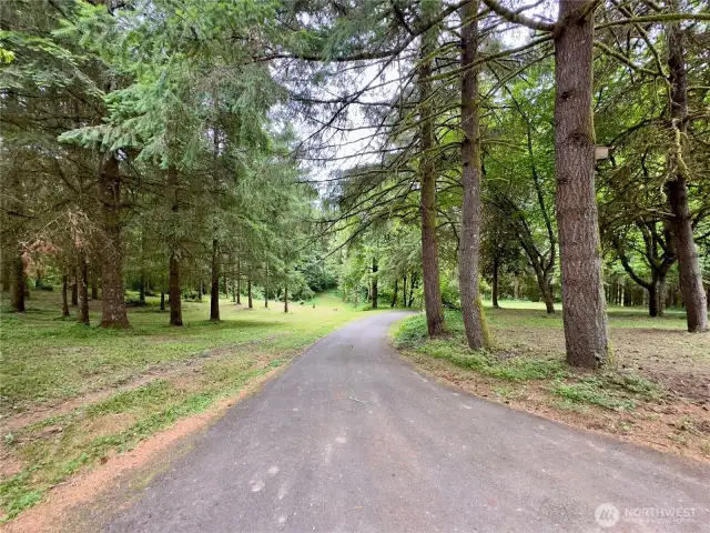 Looking towards the main road and barn area of the single level home at 818 NW 349th St, La Center WA in Clark County