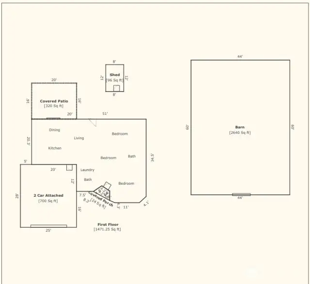 Floor plan of 40 acres with a home in Clark County Washington. One level home and barn included.
