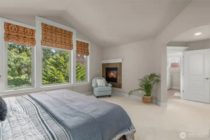 Spacious and inviting primary suite features a gas fireplace.