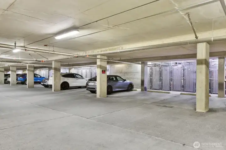 The underground garage includes 2 parking spaces for the unit; it also includes a designated storage space (#32)