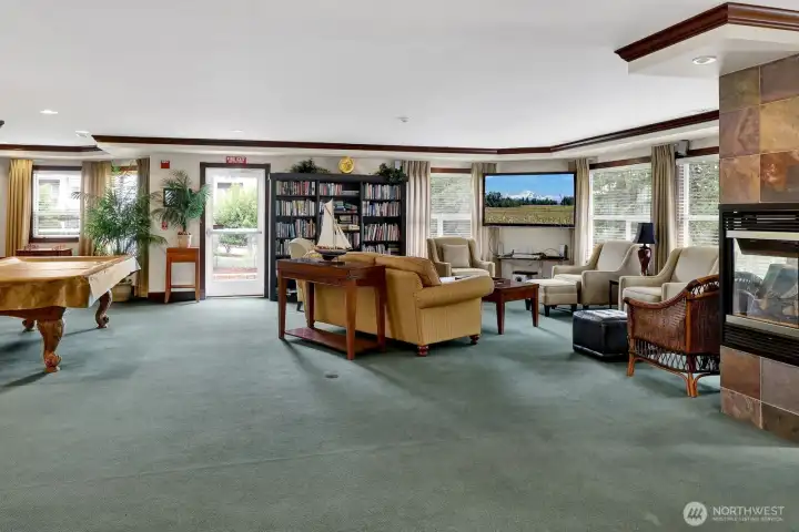 Includes a fireplace and television.