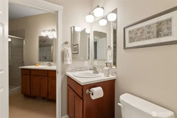 The primary bathroom has a unique "split" where the water closet can be entered from either the main part of the bathroom or hallway.