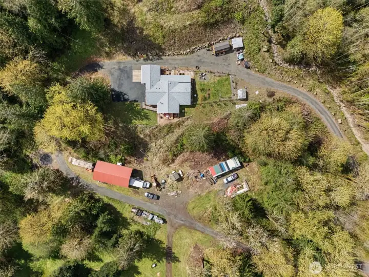 Bird's eye view of Pole Barn, Machine Shed, Home, Green House, 10x20 Finished Old Hickory Outbuilding.
