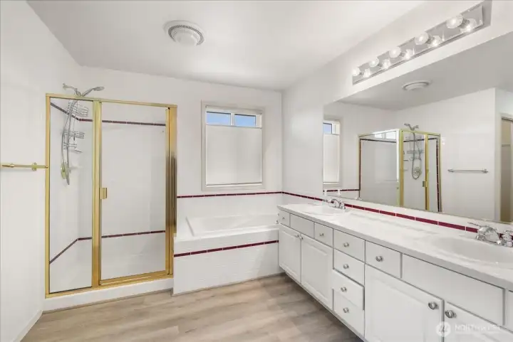 Primary bath with double sinks.  It's a big bathroom.