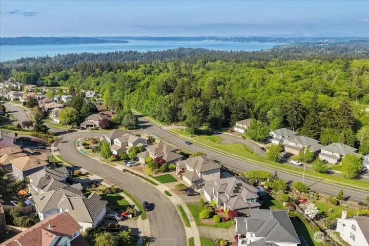 An aerial view of the neighborhood with Dash Point State Park and Puget Sound in the distance.