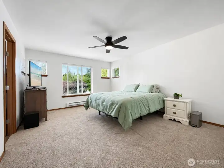 Spacious primary bedroom, new ceiling fan.