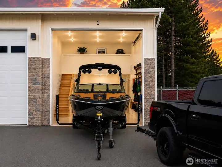Front view of corner garage