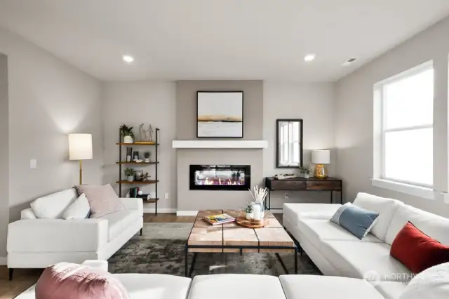Fireplace centered in great room Colors and materials vary, photos from representation only.