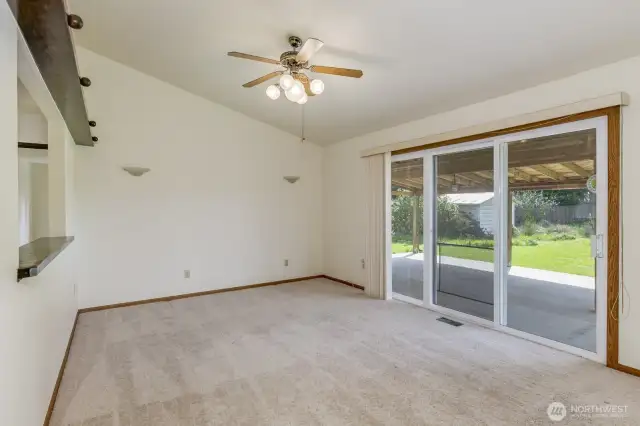 The dining room is generously sized and features a vaulted ceiling giving a feeling of more spaciousness.