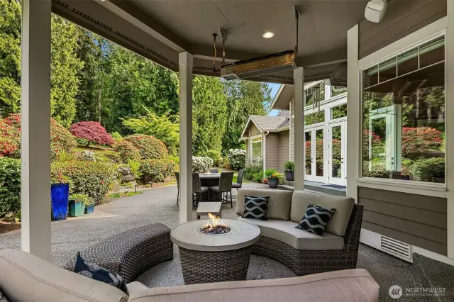 Outdoor covered patio area with heaters to keep you dry and warm is spectacular