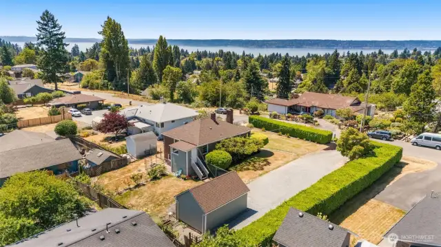 Arial shot with views of Puget Sound