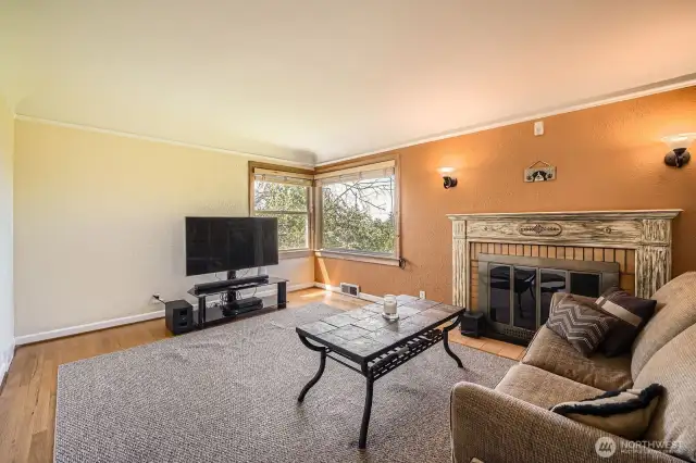 Living Room with Wood Burning Fireplace
