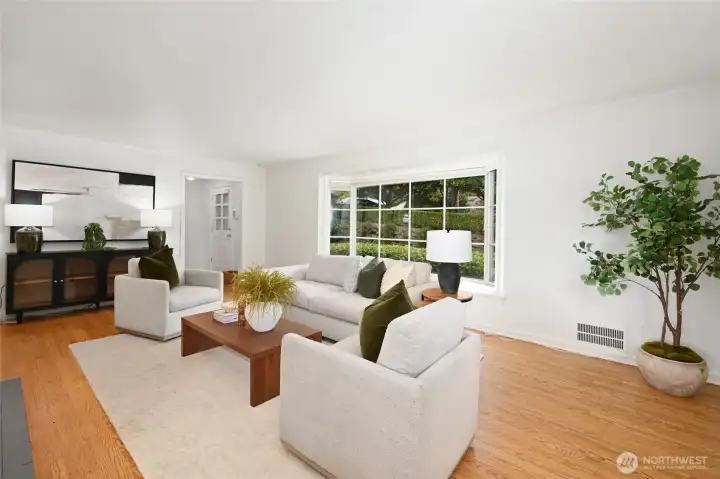 The oversized bay window has a built in bench to enjoy your favorite book or cup of coffee.