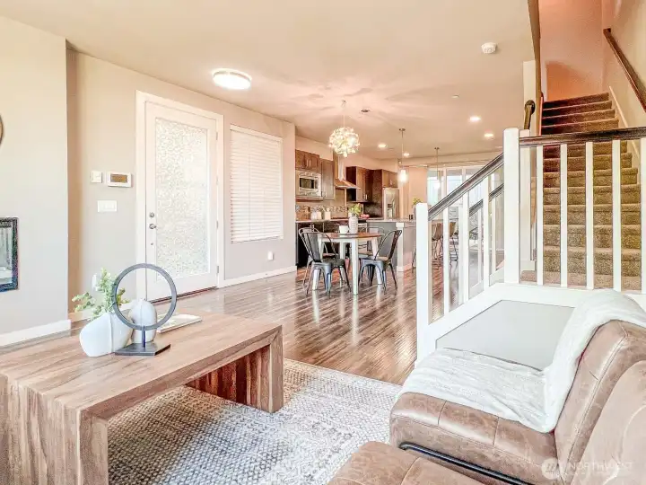 Hardwood floors on the main floor and brand new carpet upstairs.