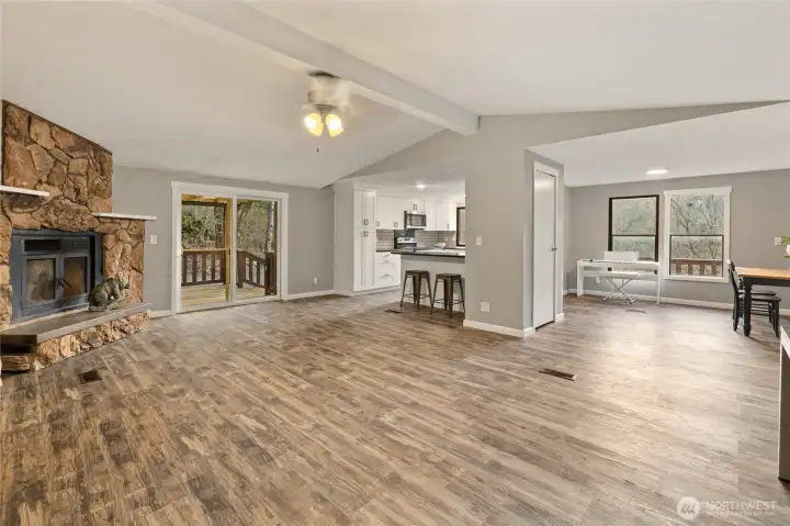 Great room into kitchen/dining area.