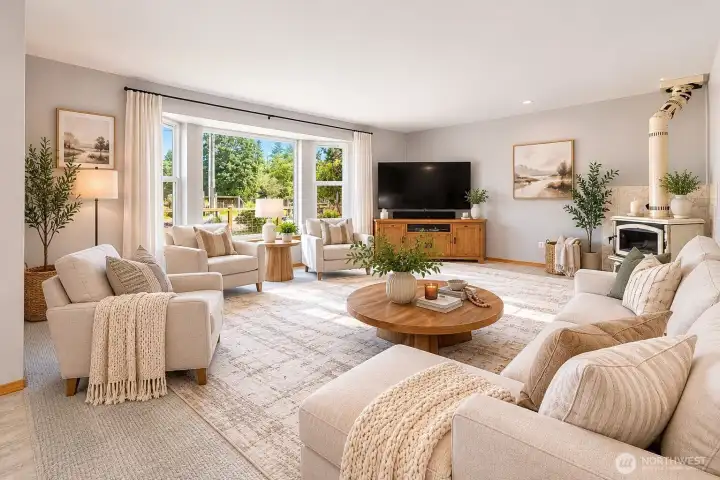 Virtually Staged: Large Living Room with beautiful picture window