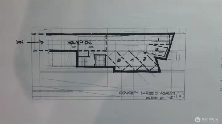 Preliminary redevelopment concept diagram illustrating potential parking configuration and building layout. Buyer to verify all development feasibility with the City of Seattle