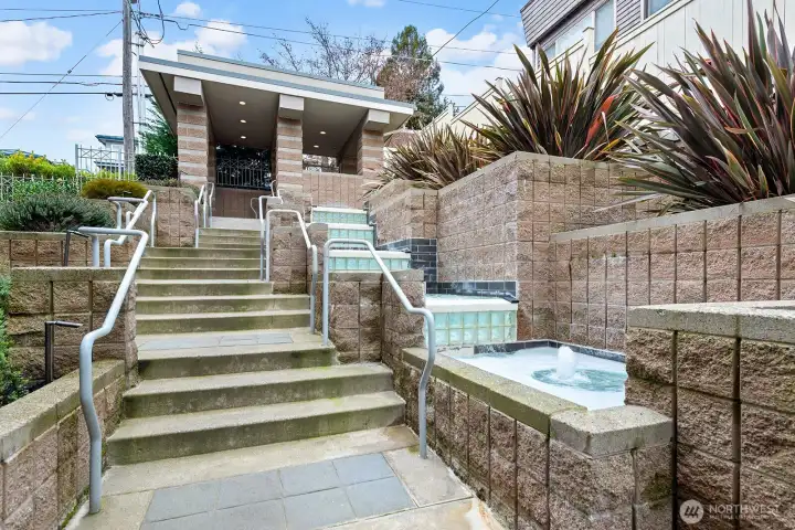 Looking back from gate #2 up the waterfalls to the main entry.