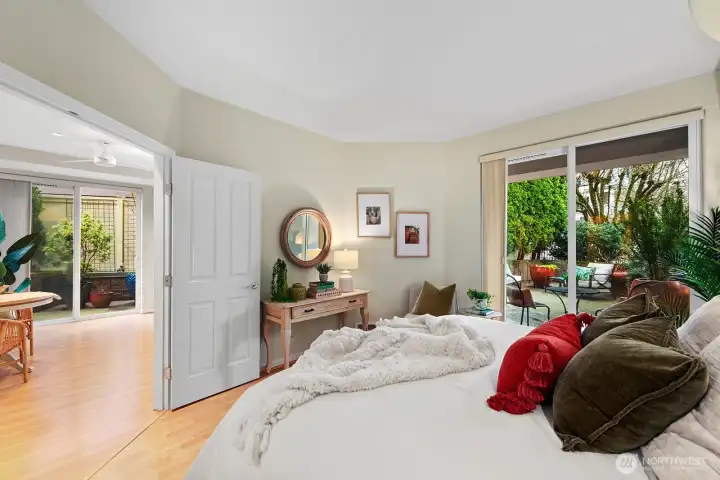 Here  better view from the primary bedroom out into living room or to the large north and east facing patio.