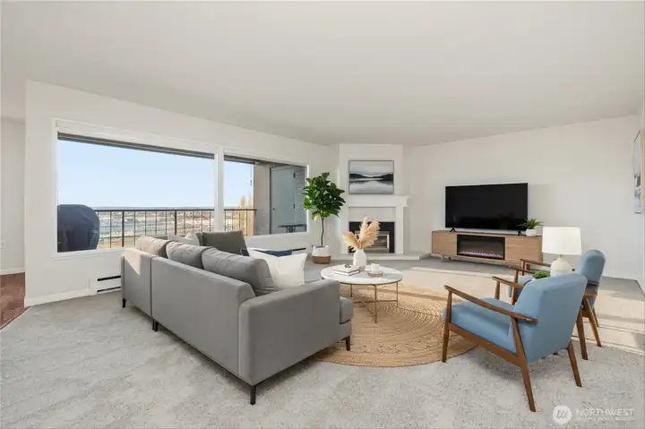 View living room with corner fireplace