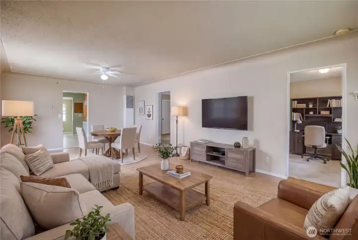 Living room, virtually staged.