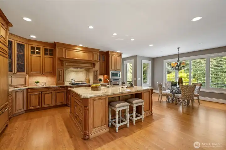Gourmet kitchen with high end appliances and granite slab counters.