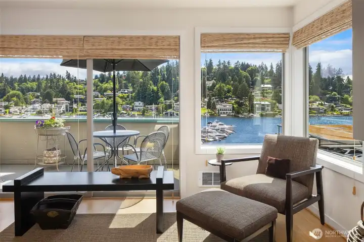 Open layout extends to a covered deck ideal for sunset views and watching boats drift through the bay. Open layout extends to a covered deck ideal for sunset views and watching boats drift through the bay.