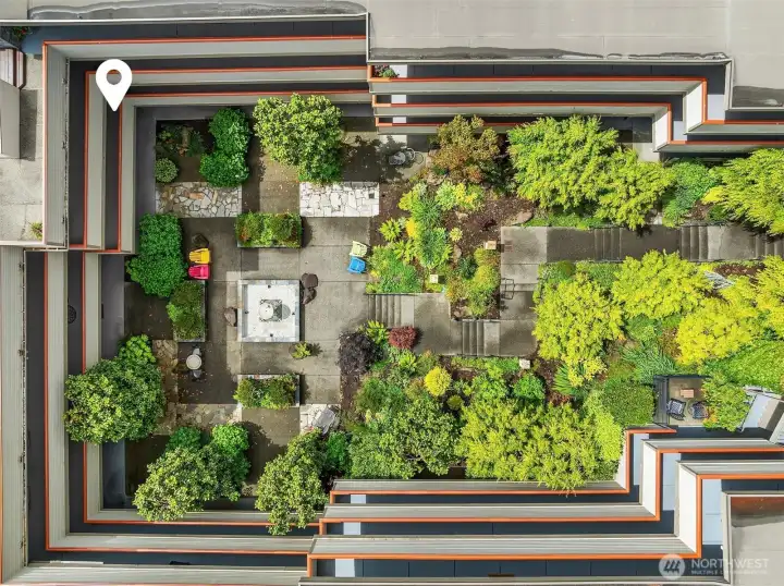 Top down view of The Vue, showcasing the well maintained courtyard. Top down view of The Vue, showcasing the well maintained courtyard.