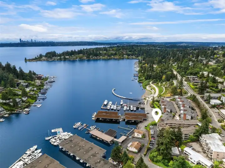 Aerial photo facing West showcasing Meydenbauer Bay Park & Seattle. Aerial photo facing West showcasing Meydenbauer Bay Park & Seattle.