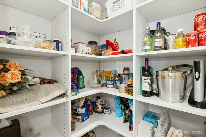 Large walk-in pantry with upgraded millwork and requested shelf electrical outlet for small appliances